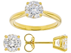 Pre-Owned Moissanite 14k Yellow Gold Over Silver Ring And Stud Earrings Jewelry Set 3.60ctw DEW