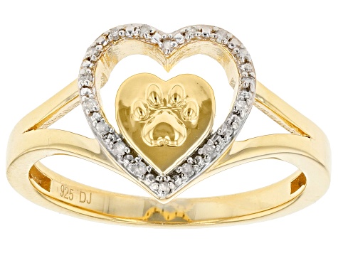 Pre-Owned Diamond Accent 14k Yellow Gold Over Sterling Silver Paw Print And Heart Open Design Ring