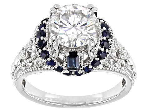 Pre-Owned Moissanite And Blue Sapphire Platineve Ring 1.94ctw DEW.