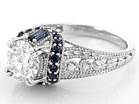 Pre-Owned Moissanite And Blue Sapphire Platineve Ring 1.94ctw DEW.