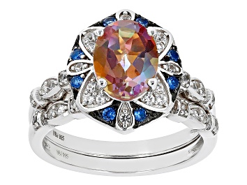 Picture of Pre-Owned Multi Color Quartz Rhodium Over Sterling Silver Ring Set of 2 2.30ctw