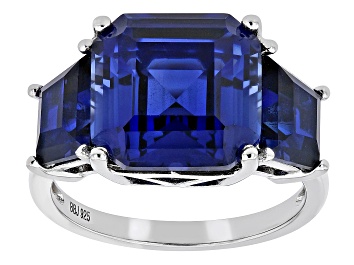 Picture of Pre-Owned Blue Lab Created Sapphire Rhodium Over Sterling Silver 3-Stone Ring 10.54ctw