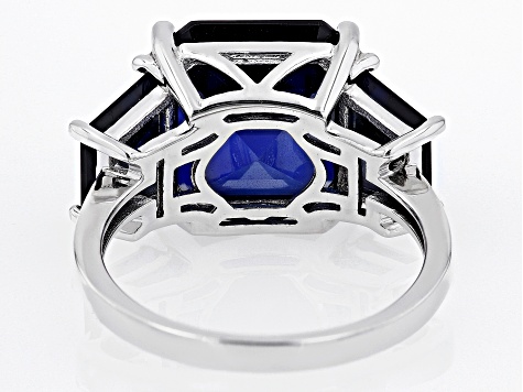 Pre-Owned Blue Lab Created Sapphire Rhodium Over Sterling Silver 3-Stone Ring 10.54ctw
