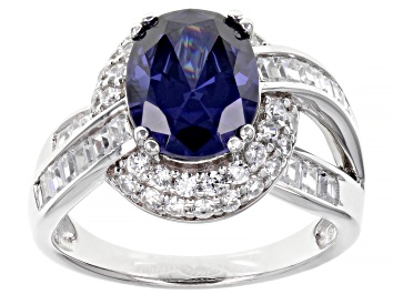 Picture of Pre-Owned Blue And White Cubic Zirconia Rhodium Over Sterling Silver Ring 6.33ctw