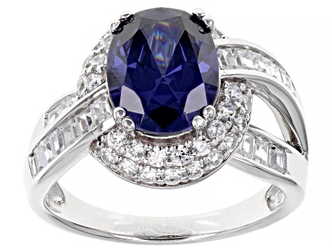 Pre-Owned Blue And White Cubic Zirconia Rhodium Over Sterling Silver Ring 6.33ctw