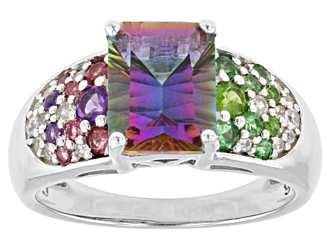Pre-Owned Green Mystic Fire®  Topaz Rhodium Over Sterling Silver Ring 2.38ctw
