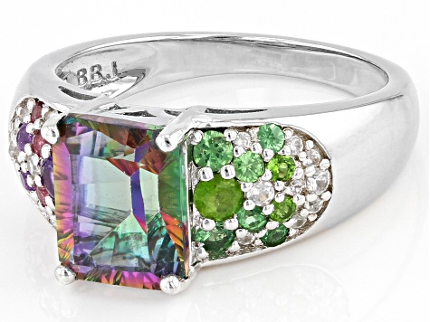 Pre-Owned Green Mystic Fire® Topaz Rhodium Over Sterling Silver Ring 2.38ctw
