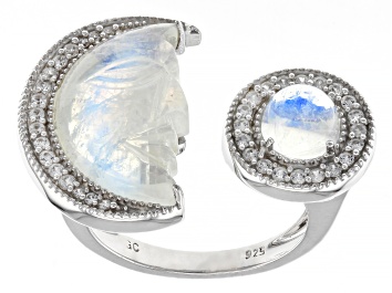 Picture of Pre-Owned Rainbow Moonstone Rhodium Over Sterling Silver Moon Cuff Ring .41ctw