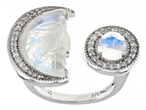 Pre-Owned Rainbow Moonstone Rhodium Over Sterling Silver Moon Cuff Ring .41ctw