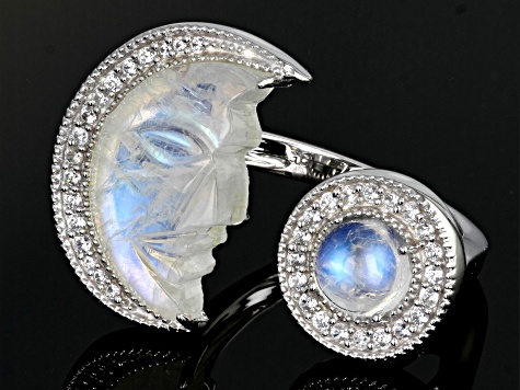 Pre-Owned Rainbow Moonstone Rhodium Over Sterling Silver Moon Cuff Ring .41ctw