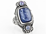 Pre-Owned Blue Kyanite & Peacock Cultured Freshwater Pearl Silver Ring