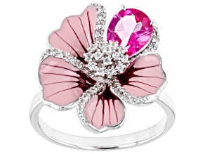 Pre-Owned Pink Topaz Rhodium Over Sterling Silver Flower Enamel Ring 1.57ctw