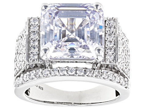 Pre-Owned White Cubic Zirconia Rhodium Over Sterling Silver Asscher Cut Holiday Ring 15.14ctw