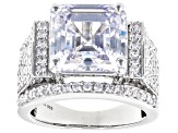 Pre-Owned White Cubic Zirconia Rhodium Over Sterling Silver Asscher Cut Holiday Ring 15.14ctw