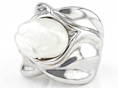 Pre-Owned White Cultured Keshi Freshwater Pearl Rhodium Over Sterling Silver Ring