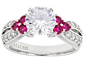 Pre-Owned Lab Created Ruby And White Cubic Zirconia Platinum Over Sterling Silver Ring 3.78ctw