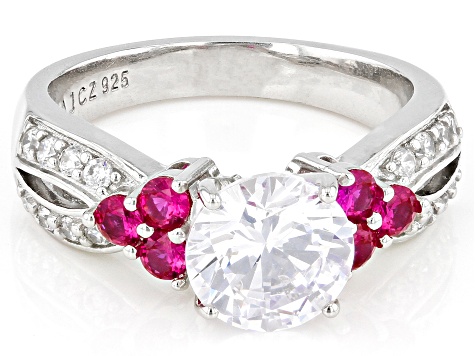 Pre-Owned Lab Created Ruby And White Cubic Zirconia Platinum Over Sterling Silver Ring 3.78ctw