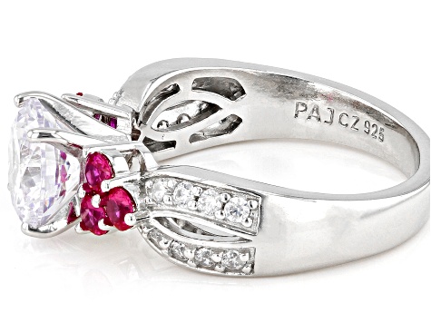 Pre-Owned Lab Created Ruby And White Cubic Zirconia Platinum Over Sterling Silver Ring 3.78ctw