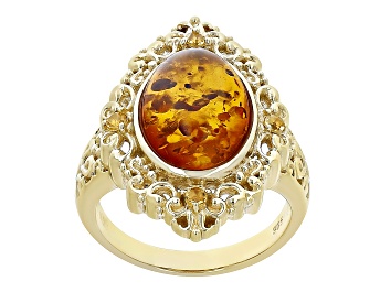 Picture of Pre-Owned Orange Amber 18k Yellow Gold Over Sterling Silver Ring 0.11ctw