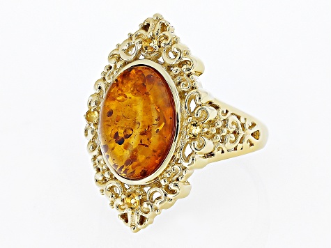 Pre-Owned Orange Amber 18k Yellow Gold Over Sterling Silver Ring 0.11ctw