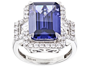 Picture of Pre-Owned Blue and White Cubic Zirconia Rhodium Over Silver Ring 13.34ctw