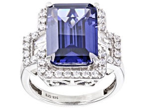 Pre-Owned Blue and White Cubic Zirconia Rhodium Over Silver Ring 13.34ctw