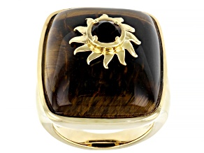 Pre-Owned Tigers Eye and Smoky Quartz 18k Gold Over Brass Ring 0.39ctw