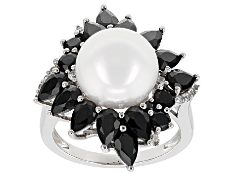 Pre-Owned White Cultured Freshwater Pearl With Black Spinel & White Zircon Rhodium Over Silver Ring