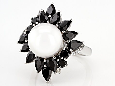 Pre-Owned White Cultured Freshwater Pearl With Black Spinel & White Zircon Rhodium Over Silver Ring