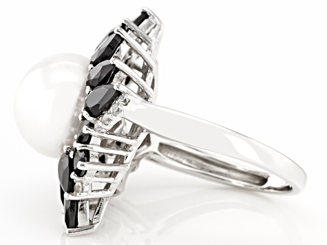 Pre-Owned White Cultured Freshwater Pearl With Black Spinel & White Zircon Rhodium Over Silver Ring