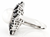 Pre-Owned White Cultured Freshwater Pearl With Black Spinel & White Zircon Rhodium Over Silver Ring