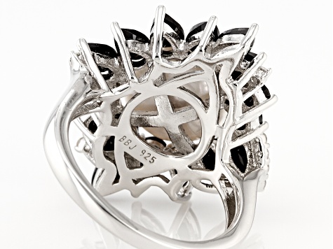 Pre-Owned White Cultured Freshwater Pearl With Black Spinel & White Zircon Rhodium Over Silver Ring