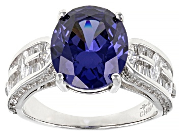 Picture of Pre-Owned Blue And White Cubic Zirconia Rhodium Over Sterling Silver Ring 7.09ctw