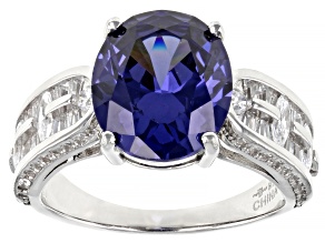 Pre-Owned Blue And White Cubic Zirconia Rhodium Over Sterling Silver Ring 7.09ctw