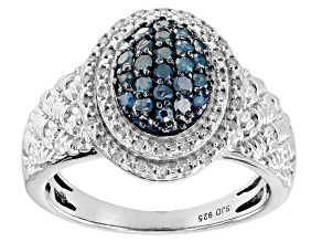 Pre-Owned Blue And White Diamond Rhodium Over Sterling Silver Cluster Ring 0.55ctw