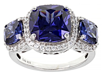 Picture of Pre-Owned Blue And White Cubic Zirconia Rhodium Over Sterling Silver Ring 9.81ctw