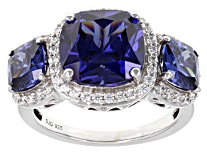 Pre-Owned Blue And White Cubic Zirconia Rhodium Over Sterling Silver Ring 9.81ctw