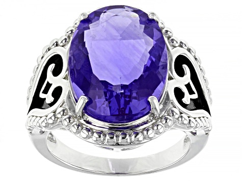 Pre-Owned Blue Color Shift Fluorite Rhodium Over Silver Ring 10.36ct
