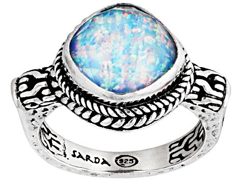 Pre-Owned Lab Created Cornflower Blue Opal Quartz Doublet Silver Chainlink Ring