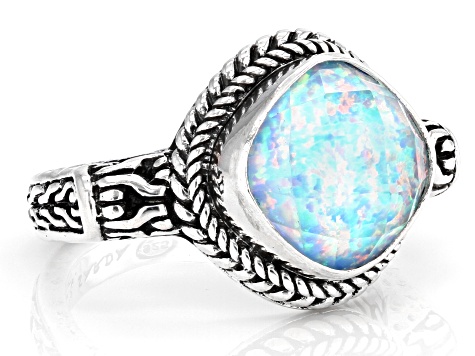 Pre-Owned Lab Created Cornflower Blue Opal Quartz Doublet Silver Chainlink Ring