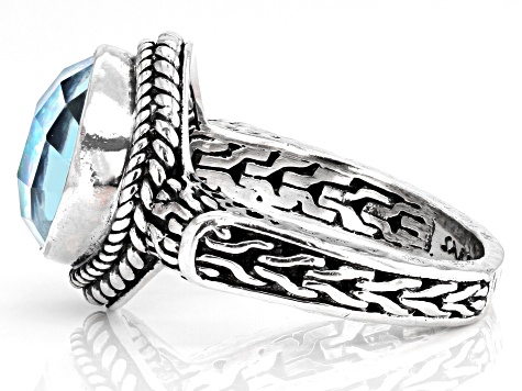 Pre-Owned Lab Created Cornflower Blue Opal Quartz Doublet Silver Chainlink Ring