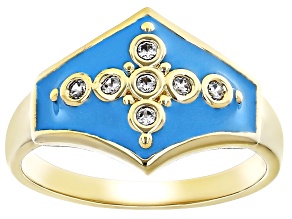 Pre-Owned White Zircon and Blue Enamel 18K Yellow Gold Over Brass Ring 0.14ctw