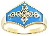 Pre-Owned White Zircon and Blue Enamel 18K Yellow Gold Over Brass Ring 0.14ctw