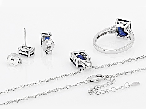 Pre-Owned Blue Lab Created Sapphire Rhodium Over Sterling Silver Jewelry Set 8.48ctw