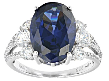 Picture of Pre-Owned Blue And White Cubic Zirconia Rhodium Over Sterling Silver Ring 10.09ctw