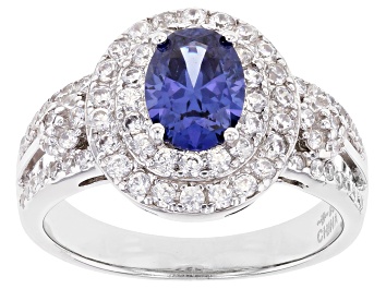 Picture of Pre-Owned Blue And White Cubic Zirconia Rhodium Over Sterling Silver Ring 3.25ctw
