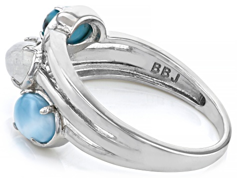 Pre-Owned Multicolor Rainbow Moonstone Rhodium Over Silver 3-Stone Ring