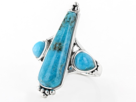 Pre-Owned Blue Turquoise Rhodium Over Sterling Silver Statement Ring