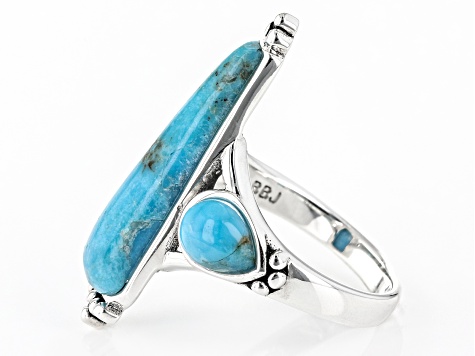 Pre-Owned Blue Turquoise Rhodium Over Sterling Silver Statement Ring
