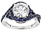 Pre-Owned Moissanite And Blue Sapphire Platineve Ring 2.70ct DEW.